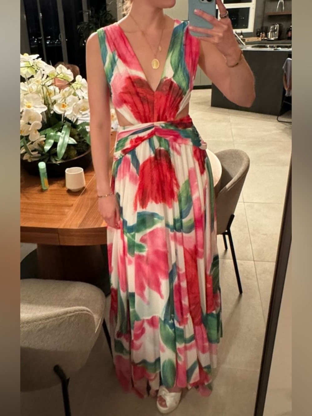 PatBO Allegro - Watercolor Floral V-Neck Maxi Dress in Red, Green & White